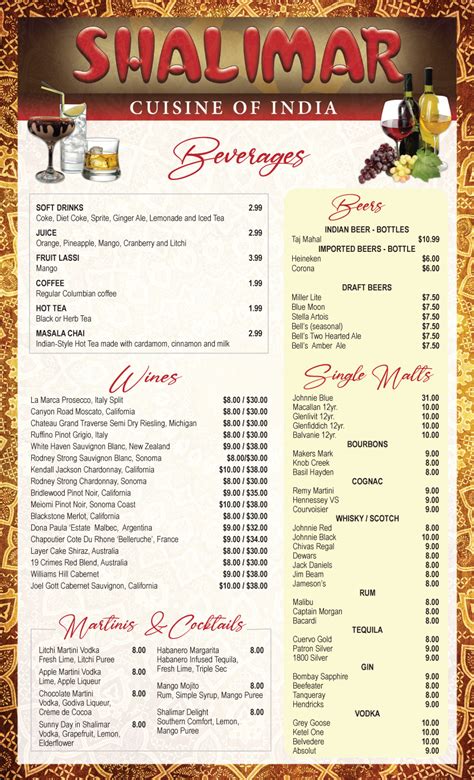 shalimar restaurant menu.